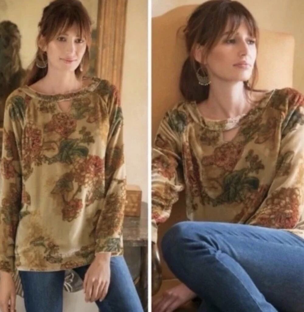Soft Surroundings Womens XL Victoria Floral Print Silk Velvet Keyhole Tunic Top